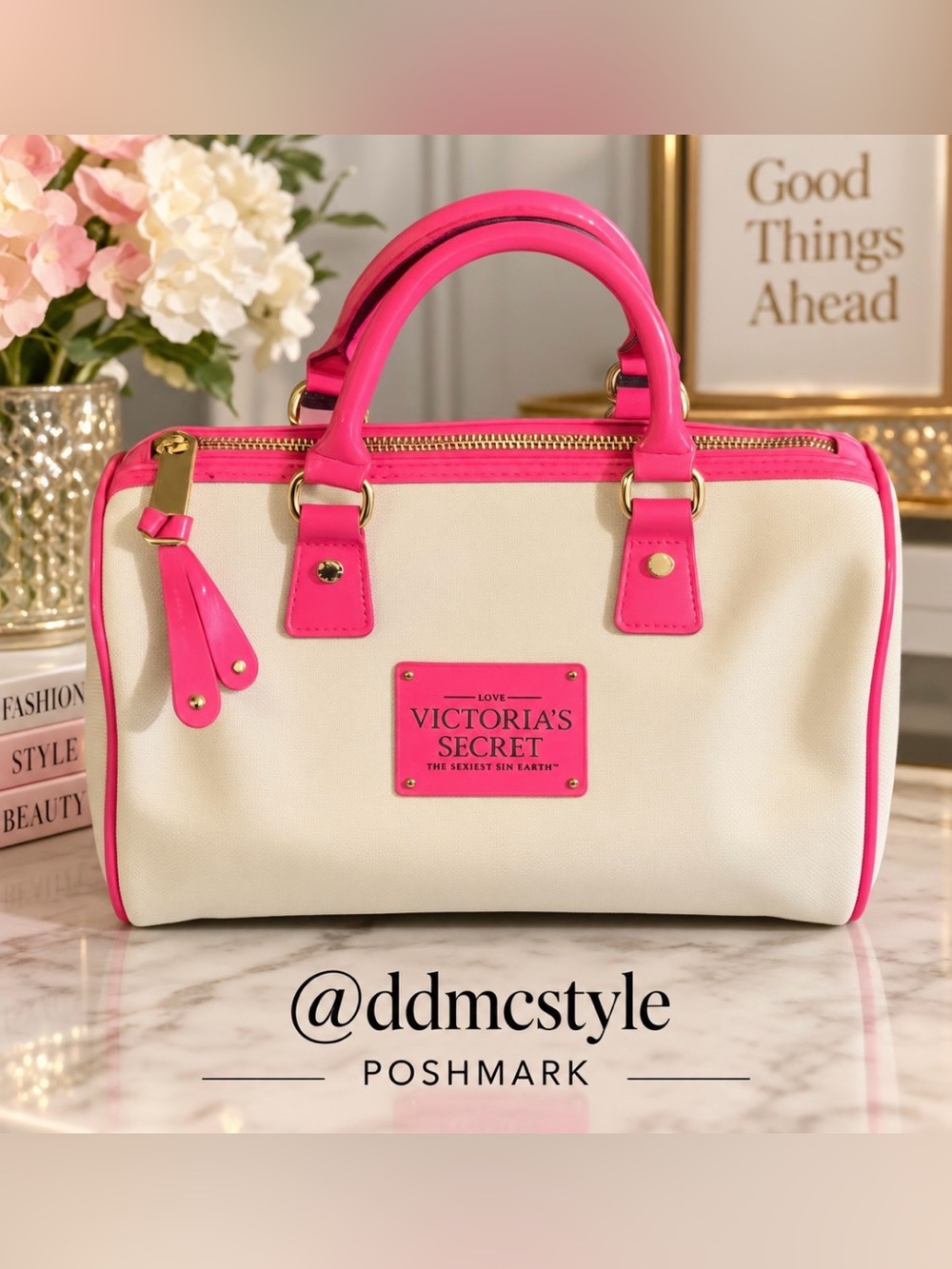 Victoria's Secret Cream Tote with Hot Pink Trim